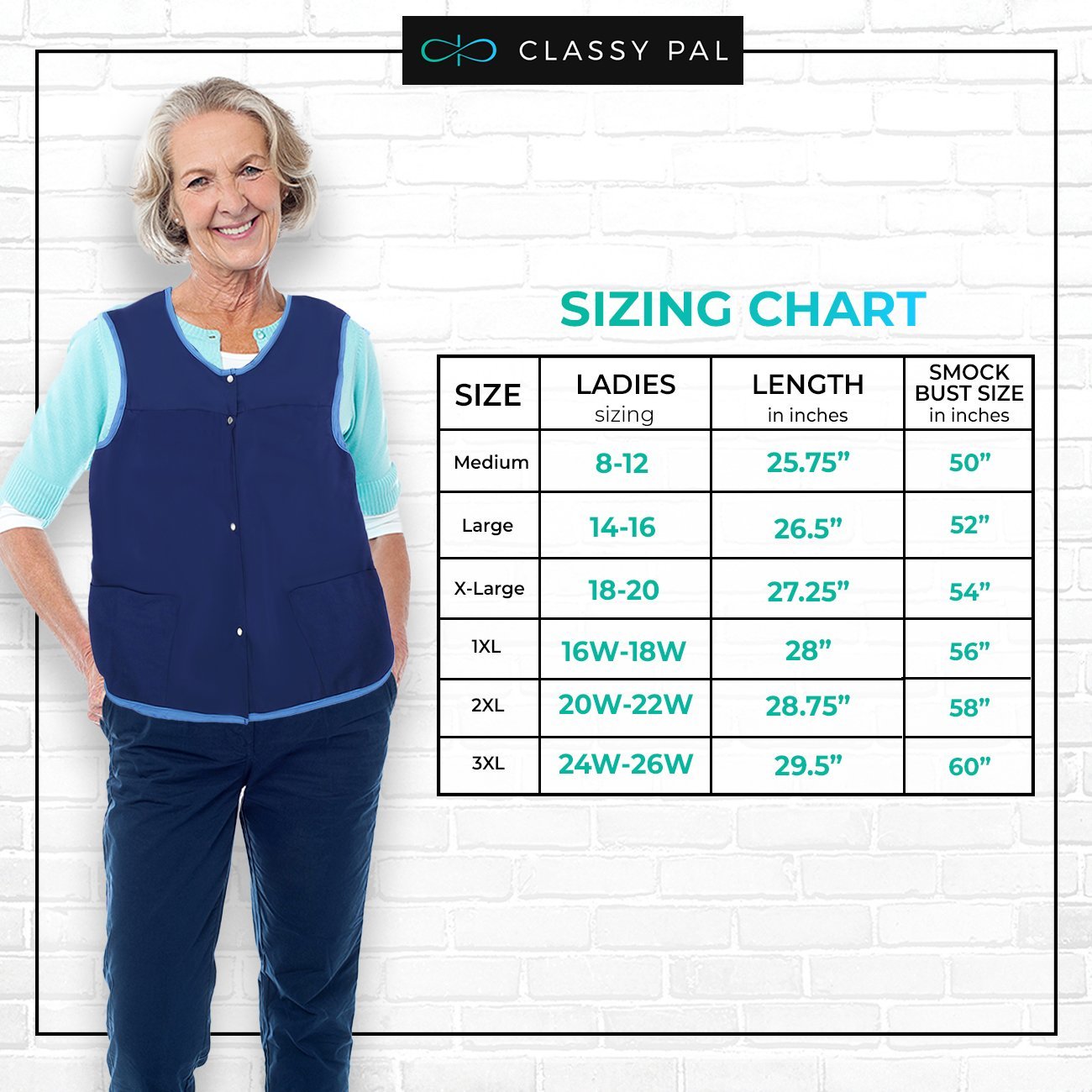 Women's Snap Front Smock Apron with Pockets (Blue) - Classy Pal Aprons