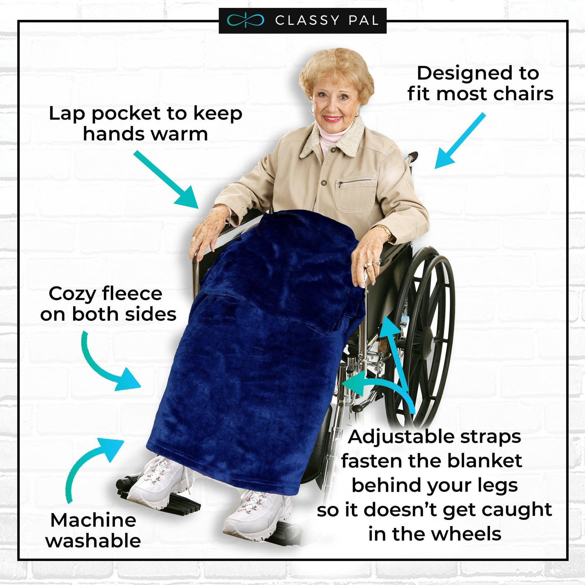 Navy Blue Adult Wheelchair Blanket with Pocket - Classy Pal Wheelchair Blankets