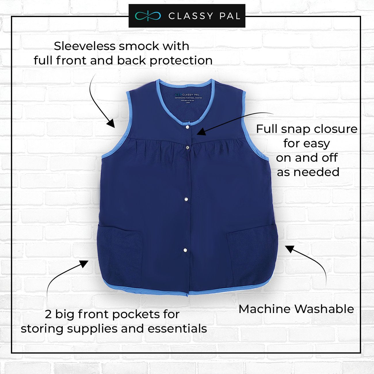 Women's Snap Front Smock Apron with Pockets (Blue) - Classy Pal Aprons