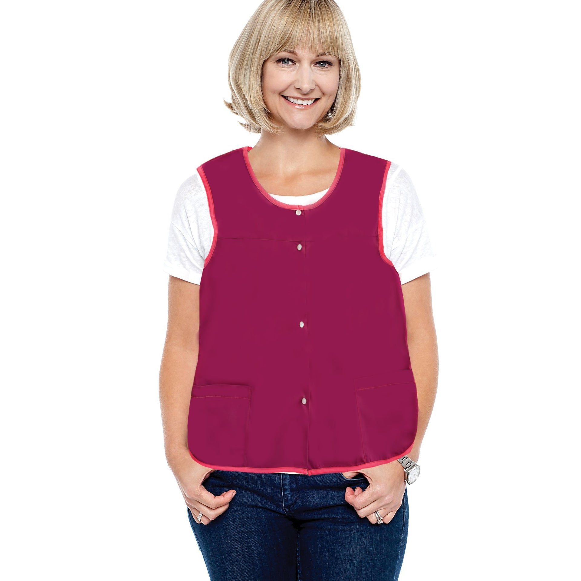 Women's Snap Front Smock Apron with Pockets (Burgundy) - Classy Pal Aprons