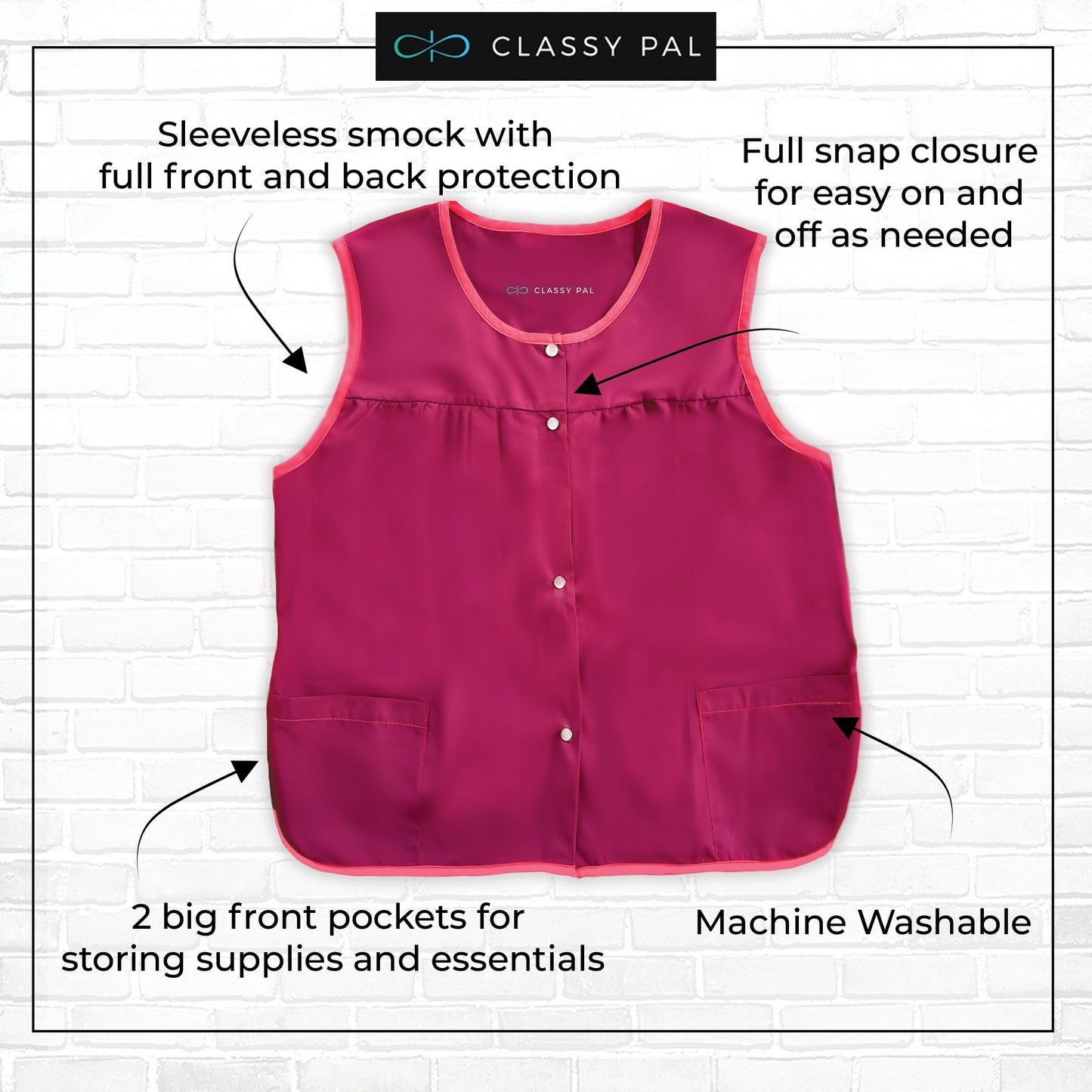 Women's Snap Front Smock Apron with Pockets (Burgundy) - Classy Pal Aprons