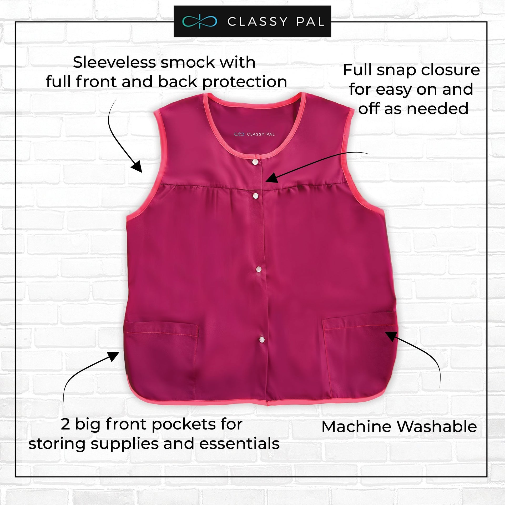 Women's Snap Front Smock Apron with Pockets (Burgundy)